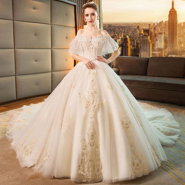 

french light dress new winter female word shoulder hepburn trailing white bridal gown