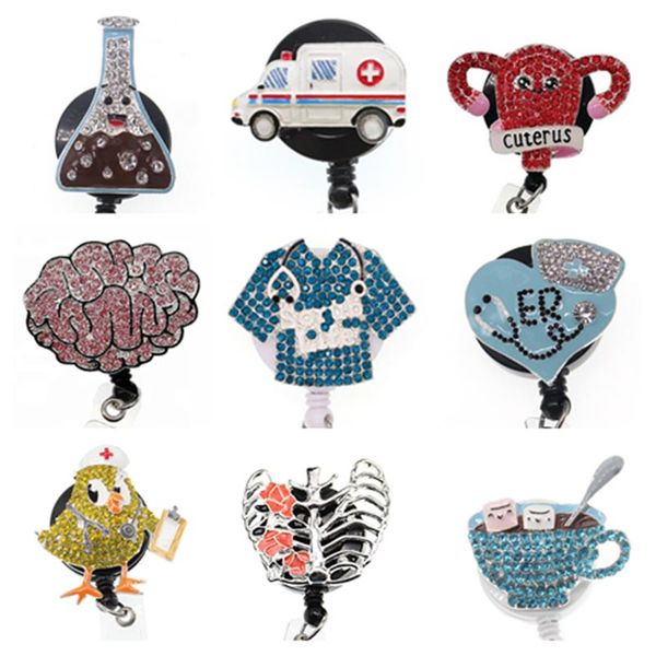 

key rings medical retractable rhinestone badge holder reel crystal nurse id pull clip, Slivery;golden