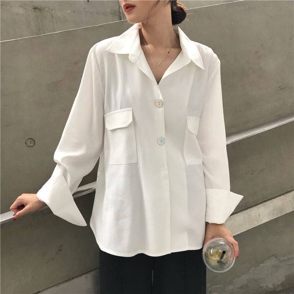 

new 2020 spring summer women simple blouse shirts pockets single breasted casual loose solid turn-down collar female office, White