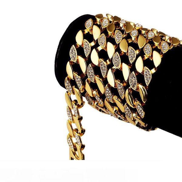 

128g heavy 24k solid gold plated miami cuban link extra-coarse exaggerated shiny diamante necklace hip hop fine jewelry hipster men chains, Silver