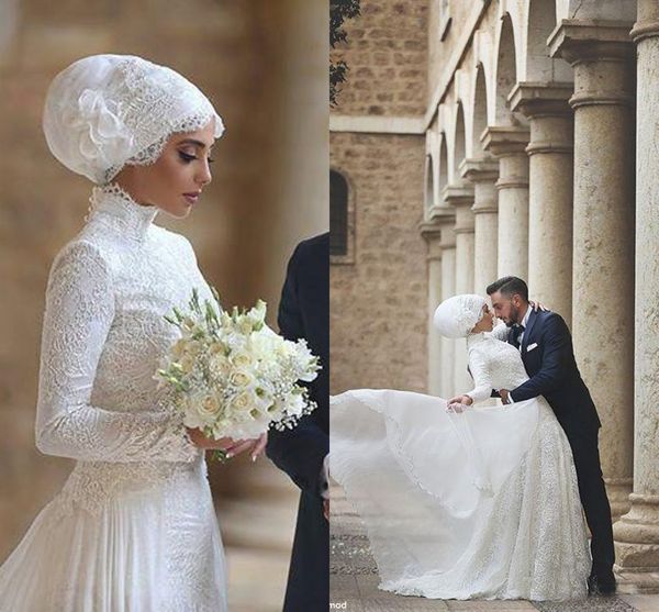 

new muslim arabic wedding dress 2022 high neck long sleeves chiffon vintage designer lace applique wedding bridal gowns vestidos de novia, White