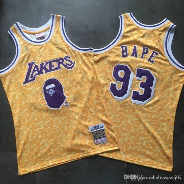 

los angeles lakers men 93 bape mitchell&ness city nba embroidered basketball jersey, Black