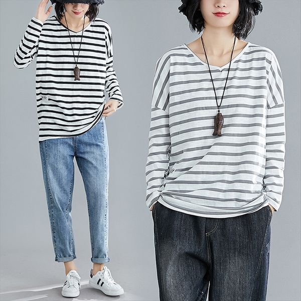 

2020 season large size women's loose medium and long bamboo cotton striped t-shirt base shirt, White