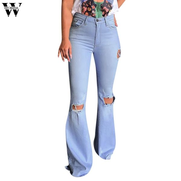 

womail woman vintage blue wide leg jeans autumn winter 2019 hole long flares denim jeans ladies female bell-bottomed pants