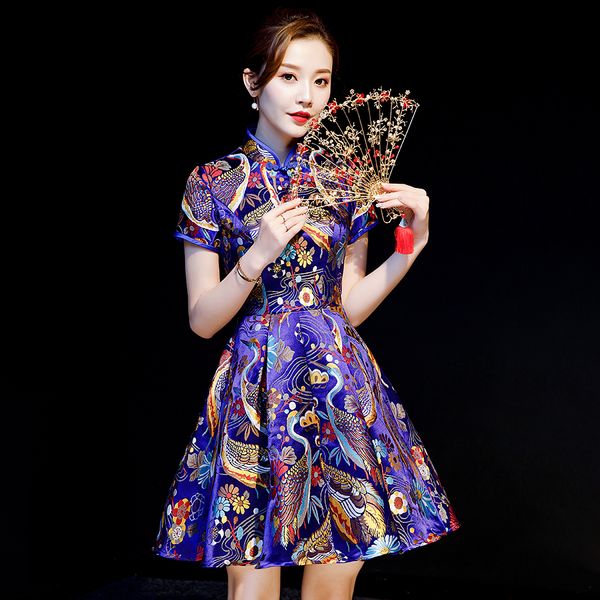 

chinese women embroidery cran&flower cheongsam purple evening party gown short elegant novelty pleated dress stage show clothing, Red