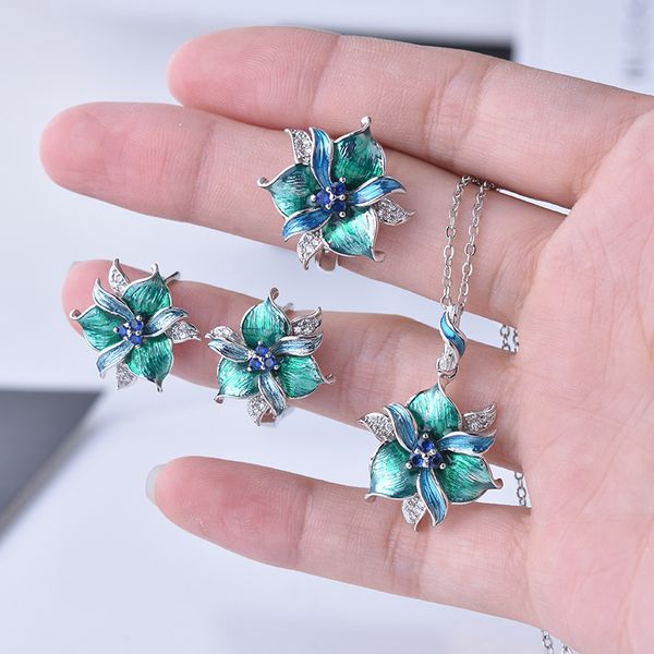 

kofsac 2019 925 sterling silver fashion jewelry sets for women enamel blue purple zircon necklace pendant earrings ring