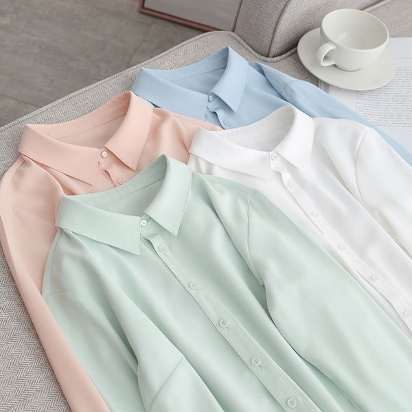 

women's lapel chiffon shirt solid color long sleeve basic button office shirt 2020 autumn new fashion sweet top, White