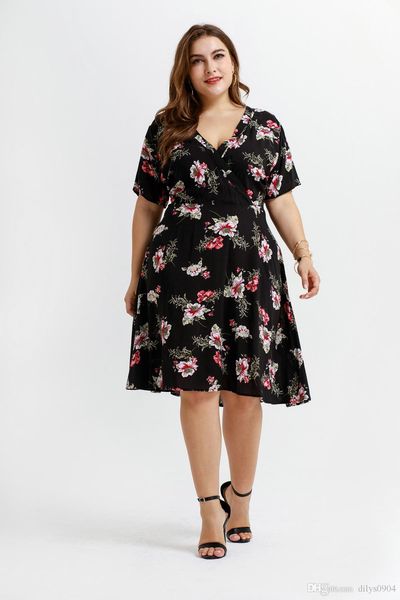 

european and american large-size women's clothing cross-border selling new knitted printing fat mm thin woman dress black leisure p, Black;gray