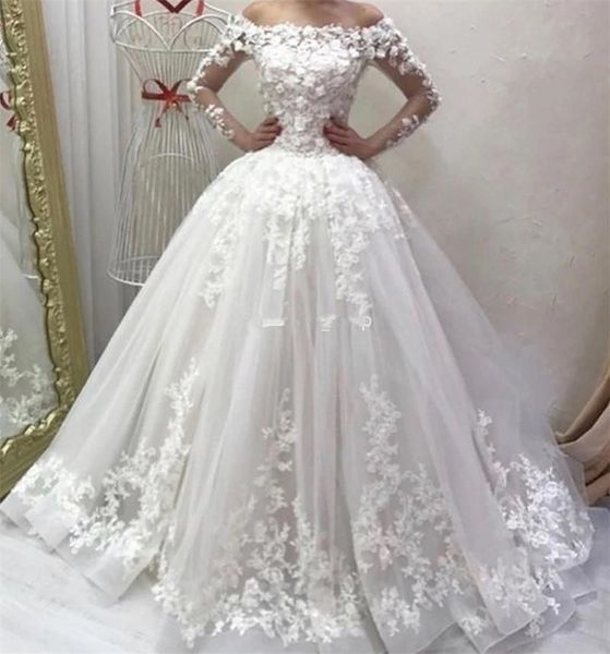 Discount Elegant 3/4 Long Sleeves Tulle A Line Wedding Dresses Satin