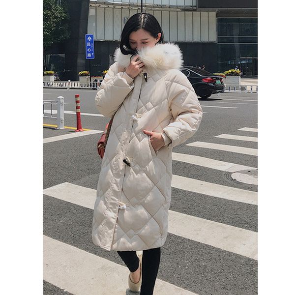

causal women oversize winter coat ladies larger fur collar long coat hooded thicken cotton padded parkas horn button for ol, Tan;black