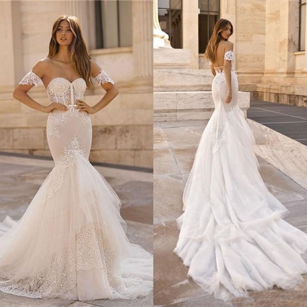

elegant berta wedding dresses mermaid lace sweetheart applique long bridal gowns backless robe de marriage custom made, White