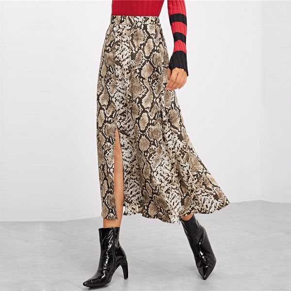 

snakeskin printed women maxi skirts high waist split long female bottom skirt party night club ladies skirt plus size 2019, Black