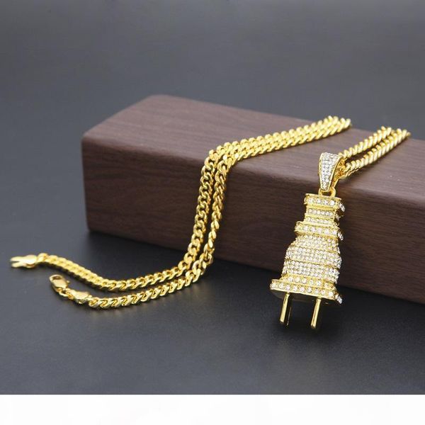 

mens fashion hip hop necklace gold cuban link chain iced out plug pendant necklace for men, Silver
