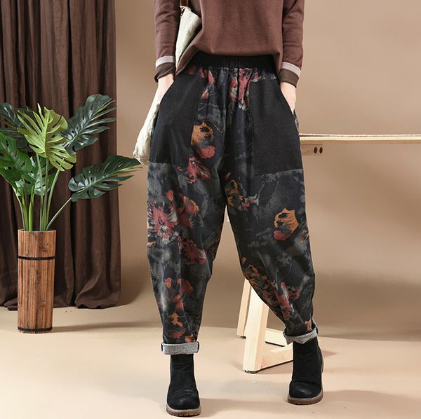 

autumn jeans women retro floral patchwork washed knitted elastic waist female denim loose ankle-length harem pants printed tide, Blue