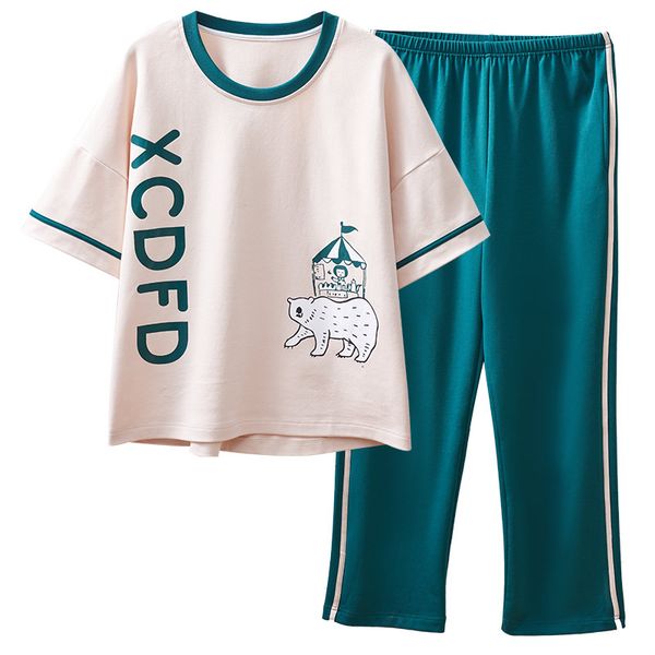 

new summer pyjamas women knitted cotton pajamas short +long pants 2pcs set pajama o-neck soft big size -xxl pijama mujer, Blue;gray