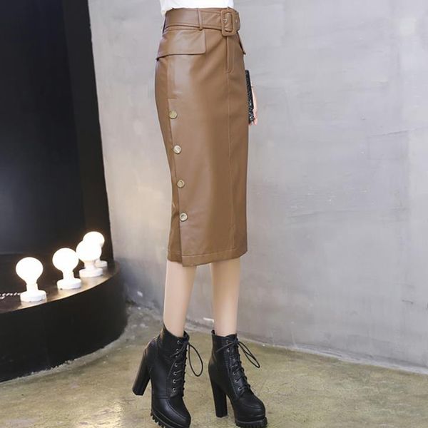 

high waist soft pu leather skirts women elegant office lady khaki skirts with belt black faux leather autumn winter midi skirts