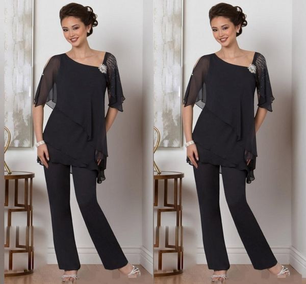 

custom made two piece mother of the bride pants suit for weddings beads chiffon mother's groom pantsuits long sleeve wedding guest dres, Black;red