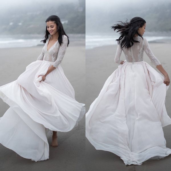 

plus size beach lace 3/4 long sleeve wedding dress custom made covered button v neck floor length chiffon bridal gown, White