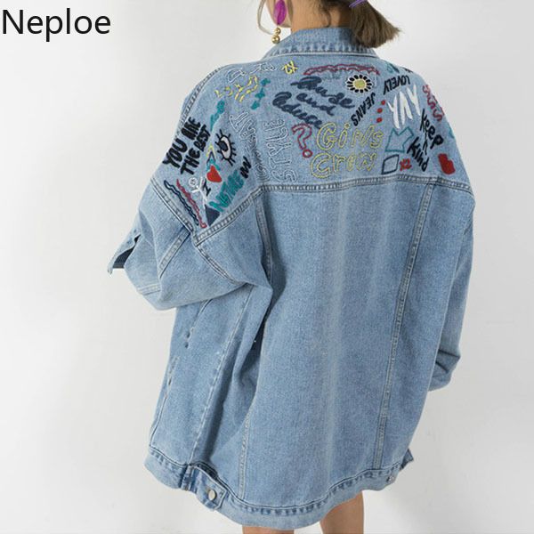 

neploe vintage demin jacket women back embroideried jeans coat 2019 new korean autumn cowboy long sleeve causal outwear 53614, Black;brown