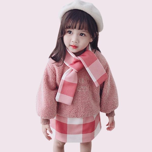 

kids clothes velvet sweater + plaid skirt 2pcs clothes for girls letter embroidery suit for girls autumn fashion baby, White