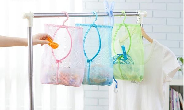 

3 colors bathroom storage clothespin mesh bag hooks hanging bag organizer shower bath new