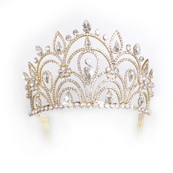 

trendy silver gold color wedding tiara luxury rhinestone crown for bride hair accessories queen royal crown beauty pageant hair, Golden;white