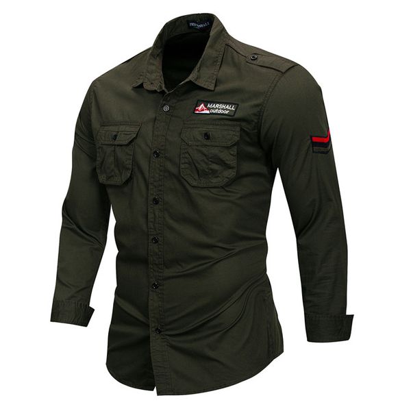 

Embroidery Long Sleeve Outdoor Mens Casual Shirts Lapel Neck Army Green Plus Size Mens Shirts With Pockets