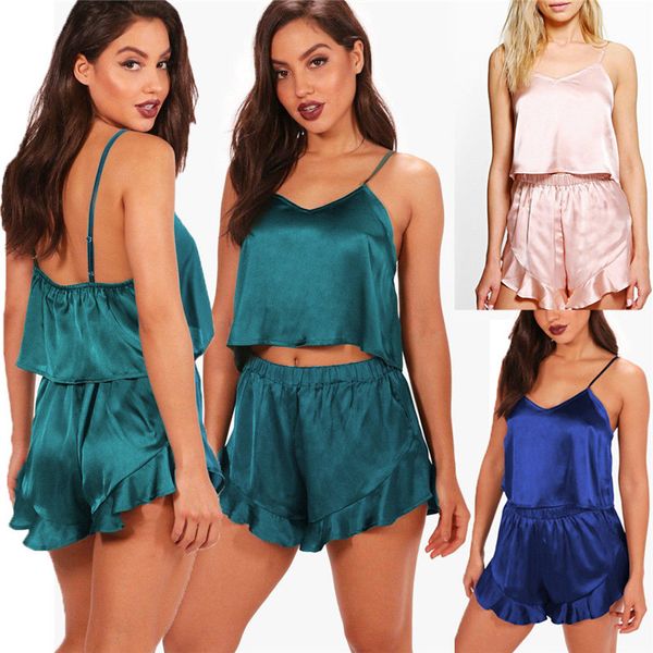 

women soft silk satin nightgowns v neck +shorts lingerie babydoll sleepwear nightwear pajamas set, Blue;gray