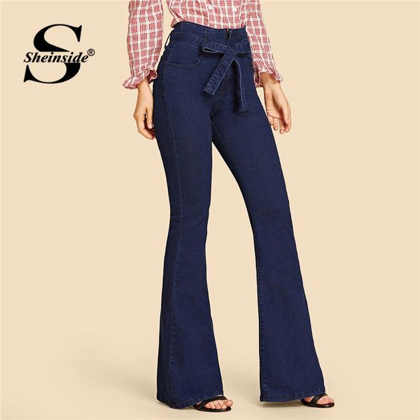 

sheinside navy tie waist flare jeans woman denim trousers vintage women clothes 2018 fall high waist pants belted stretchy jeans, Blue
