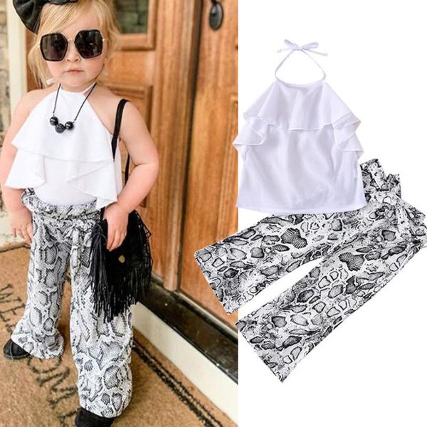 

toddler children kids baby girls clothes suspenders falbala serpentine print pants outfits clothing set summer, White