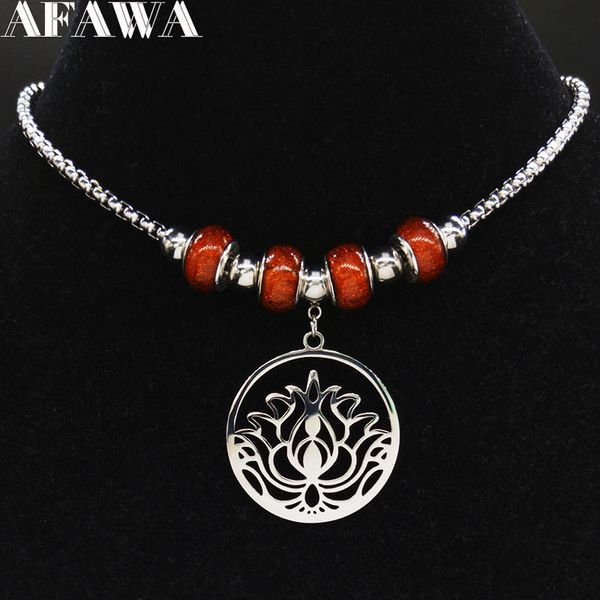 

2019 fashion lotus flower of life stainless steel chain necklace for women silver color beads neckless jewerly collares n19599