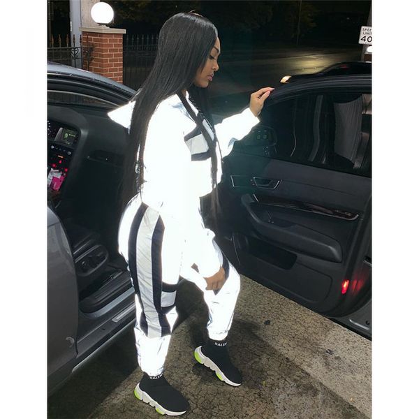 

цвет светоотражающие костюмы женщины эпикировка streetwear cute silver two piece set top и штаны пот костюмы c87be78, White
