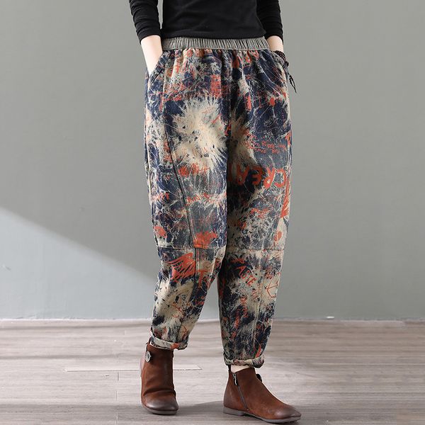 

winter jeans large size loose fleece warm women casual denim pants 2019 new elastic waist spliced print retro all-match trousers, Blue