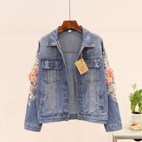 

autumn women fashion denim jacket large size loose embroidery beading flowers long sleeve short jean jacket women student coat, Black;brown