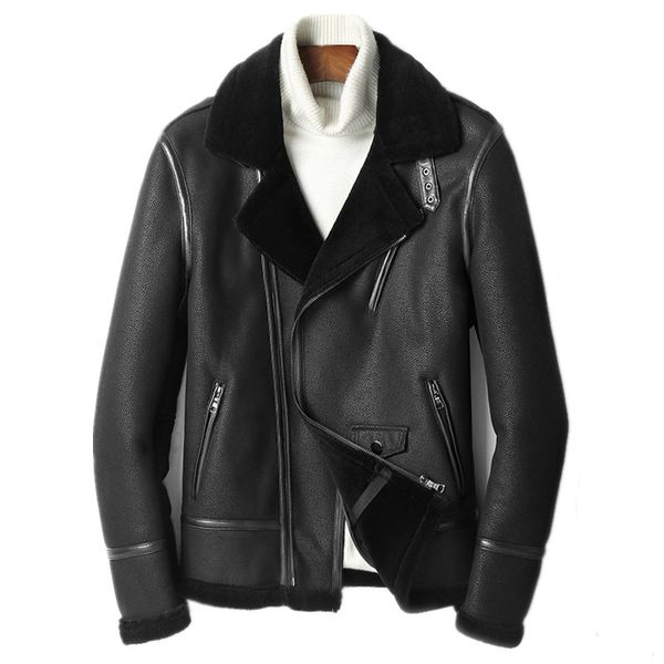

genuine leather jacket men's winter jacket real sheepskin coat for men wool fur liner motorcycle jackets chaqueta hombre my1895, Black