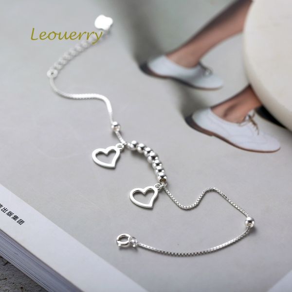 

leouerry 925 sterling silver hollow heart bracelet simple charms bead chain bracelets for women girls fine jewelry, Golden;silver