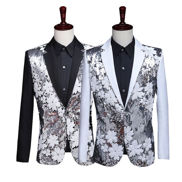 

new men's show suit personality sequins black and white dress suit jacket men's fashion simple blazers costumes, White;black