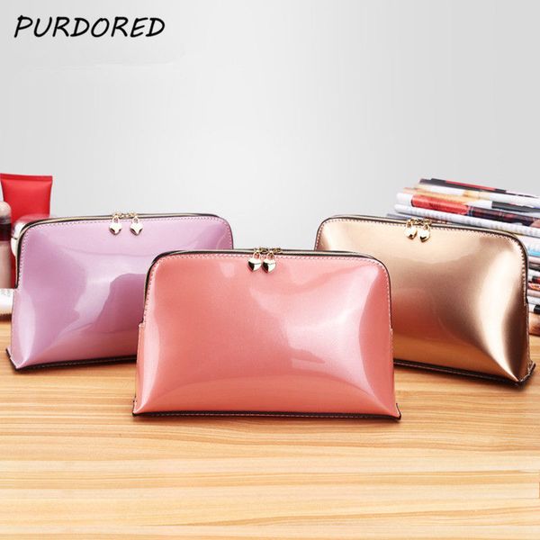 

purdored 1 pc solid cosmetic bag patent leather zipper make up bag pouch women travel cosmetic for makeup dropshipping