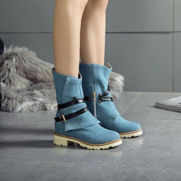 

us4-11 womens round toe denim jeans belt buckle ankle boots oxfords chunky heel shoes plus size 3colors motorcycle c968, Black