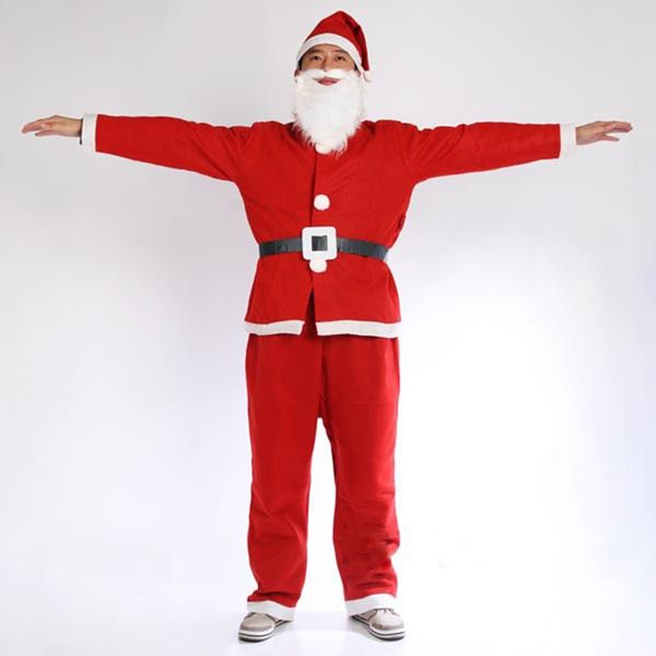 

santa claus costume suit plush father fancy clothes xmas cosplay props men coat pants beard belt hat christmas set, Black;red