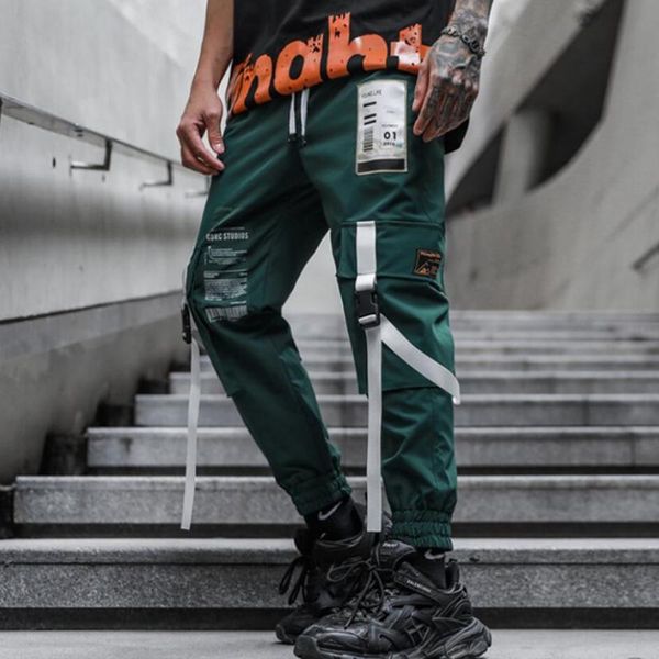 

men black green color ribbons hip hop cargo pants japanese style men's elastic waist slim fit joggers casual sport trousers