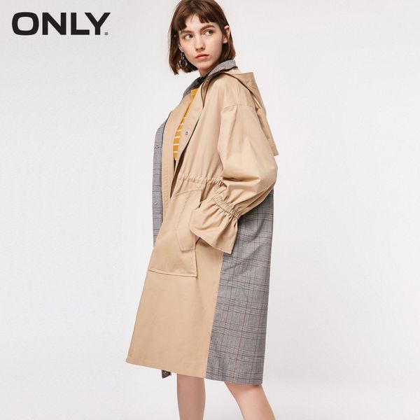 

only women's autumn new plaid stitching hooded trench coat | 118336580, Tan;black