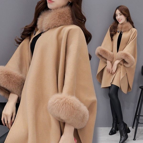 

women winter woolen overcoat fur collar sleeves cloak loose irregular hem coat ka-best, Black