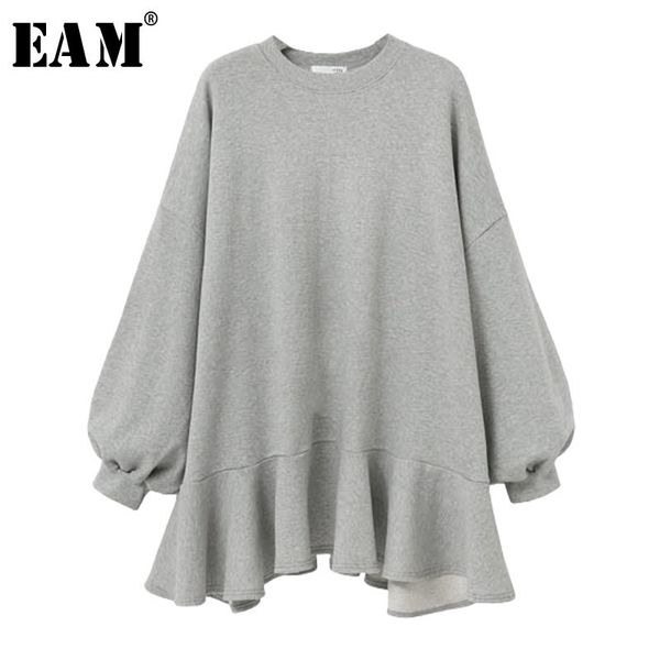 

eam] 2020 new spring winter round neck long sleeve solid color black loose reffles big size dress women fashion tide jd94601m, Black;gray