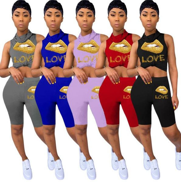 

women 2 piece outfits lips designer tracksuit lips turtleneck sleeveless vest t-shirt pullover + shorts sets sport suit d52501cz, White