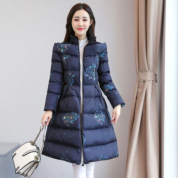 

vintage print winter coat women jacket plus size parka elegant slim overcoat 2019 long sleeve down cotton woman clothes qh305, Black