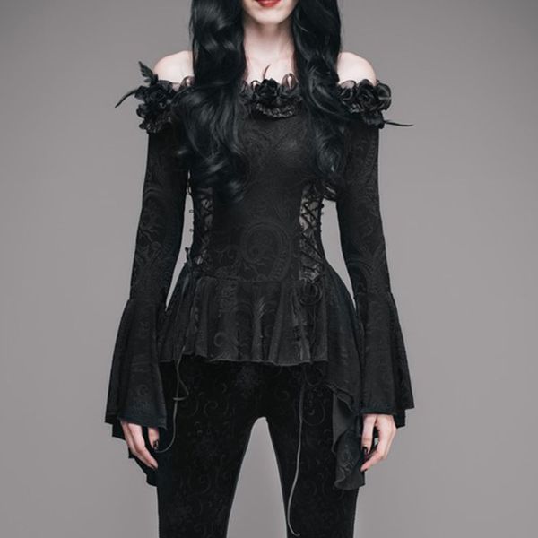 

shoulderless blouse punk gothic women autumn winter trumpet long sleeve dark retro princess lace bandage, White