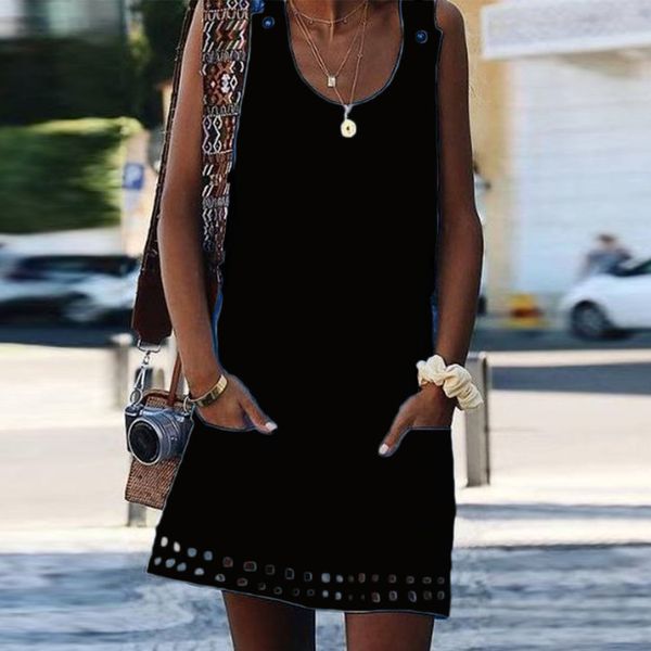

women boho summer dress casual button pockets sleeveless dress beach maxi dresses solid color beach dresses vestidos verano 2019, Black;gray