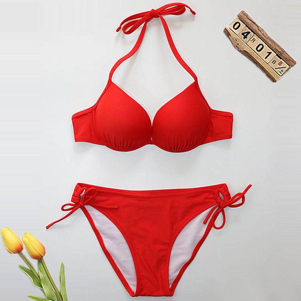 

designer bikini swimwear for women 2019 padded women swimsuit swimwear push up triangle bikini set halter biquini red swim suit, White;black
