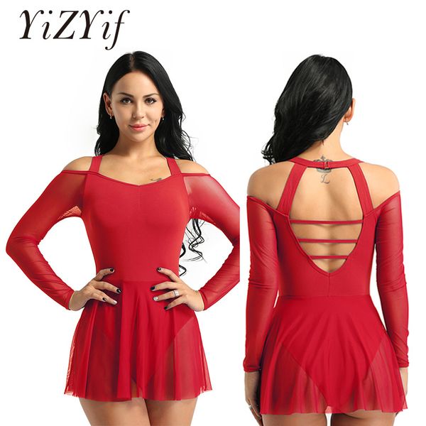 

yizyif ballet dress women dance dress off the shoulder long sleeve halter neck bodysuit gymnastics leotard women ballet costumes, Black;red